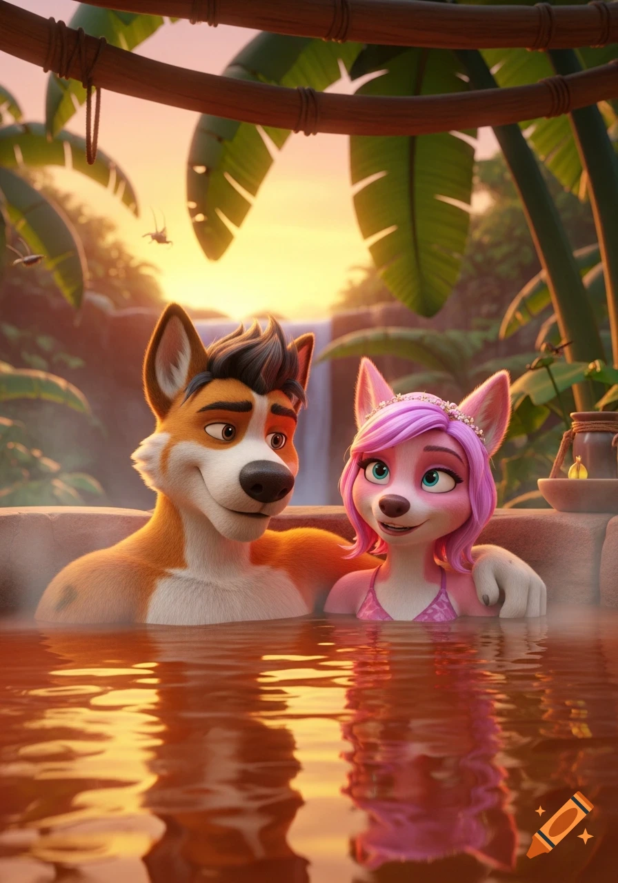 A 3D animated anthropomorphic male dog and a female dog with pink hair relax in a hot tub amidst a tropical sunset.