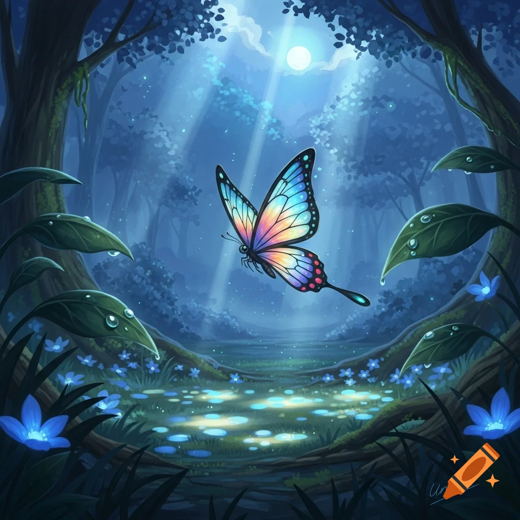 A vibrant, colorful butterfly with rainbow wings floats in a magical, moonlit forest, surrounded by glowing blue flowers and dewy leaves in a whimsical, illustrative style.