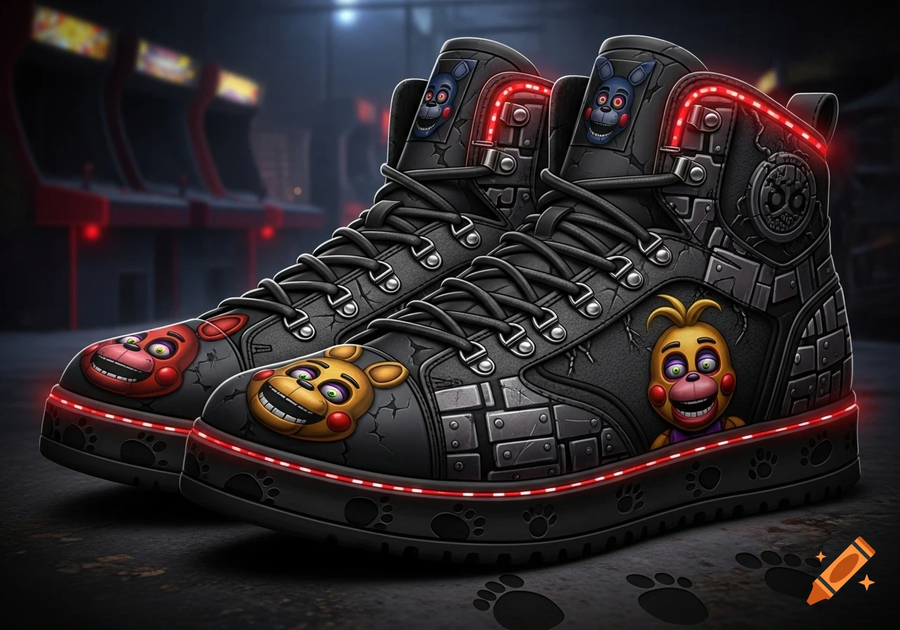 A pair of black high-top sneakers with red LED lights, featuring Five Nights at Freddy's characters, in a dark arcade.