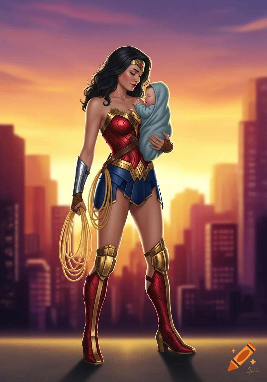 Illustrated Wonder Woman in costume holds a swaddled baby before a sunset cityscape.