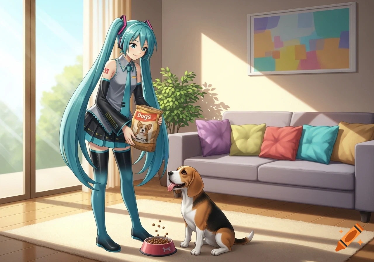 Hatsune Miku feeds a beagle from a dog food bag in a brightly lit living room, anime style.