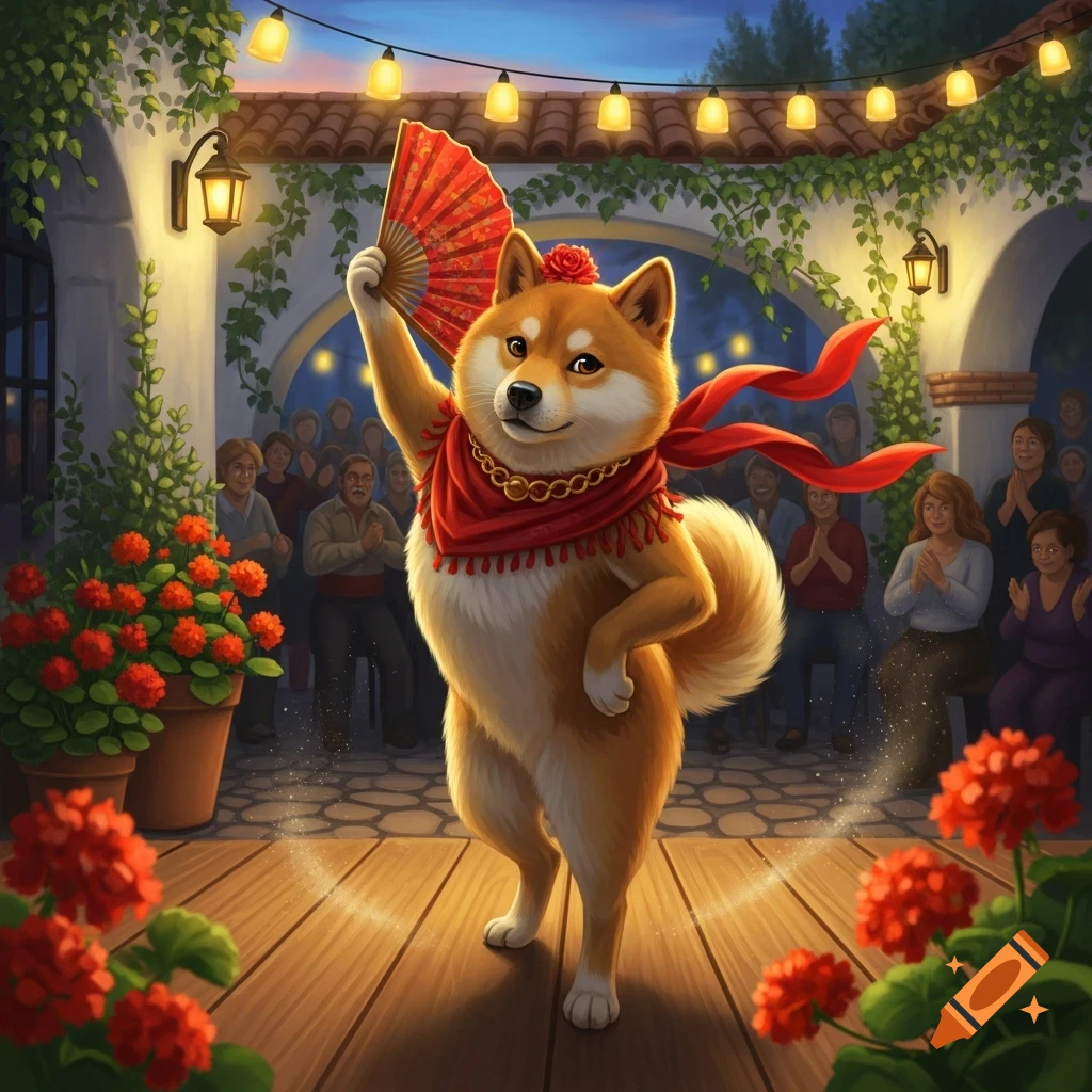 A charming cartoon Shiba Inu dog in a red scarf and gold necklace dances flamenco with a fan on a wooden stage, watched by a crowd under festive string lights and greenery.