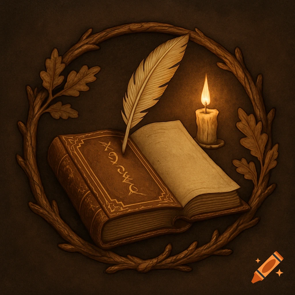 A brown leather book with a quill, an open book, and a lit candle, all encircled by a wooden wreath in a medieval style.