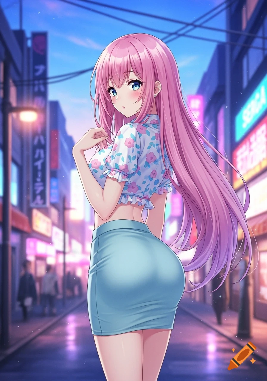 An anime girl with long pink hair, wearing a floral crop top and light blue mini skirt, looks over her shoulder on a neon-lit city street at dusk.