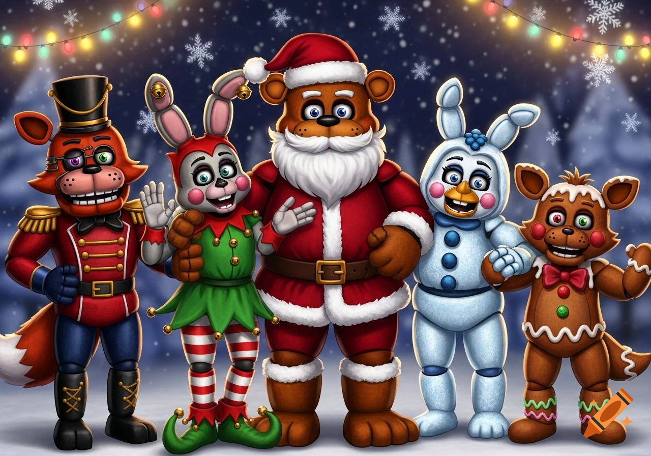 Five Nights at Freddy's characters in festive costumes: Santa Freddy, Elf Bonnie, Nutcracker Foxy, Snow Chica, Gingerbread Foxy, in a snowy holiday scene.