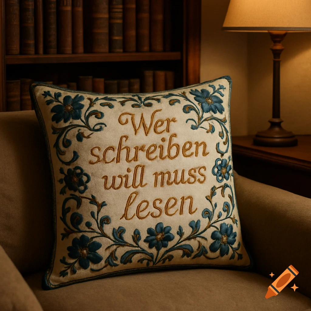 An embroidered pillow with blue flowers and the German phrase 'Wer schreiben will muss lesen' on a chair in a room with bookshelves and a lamp.