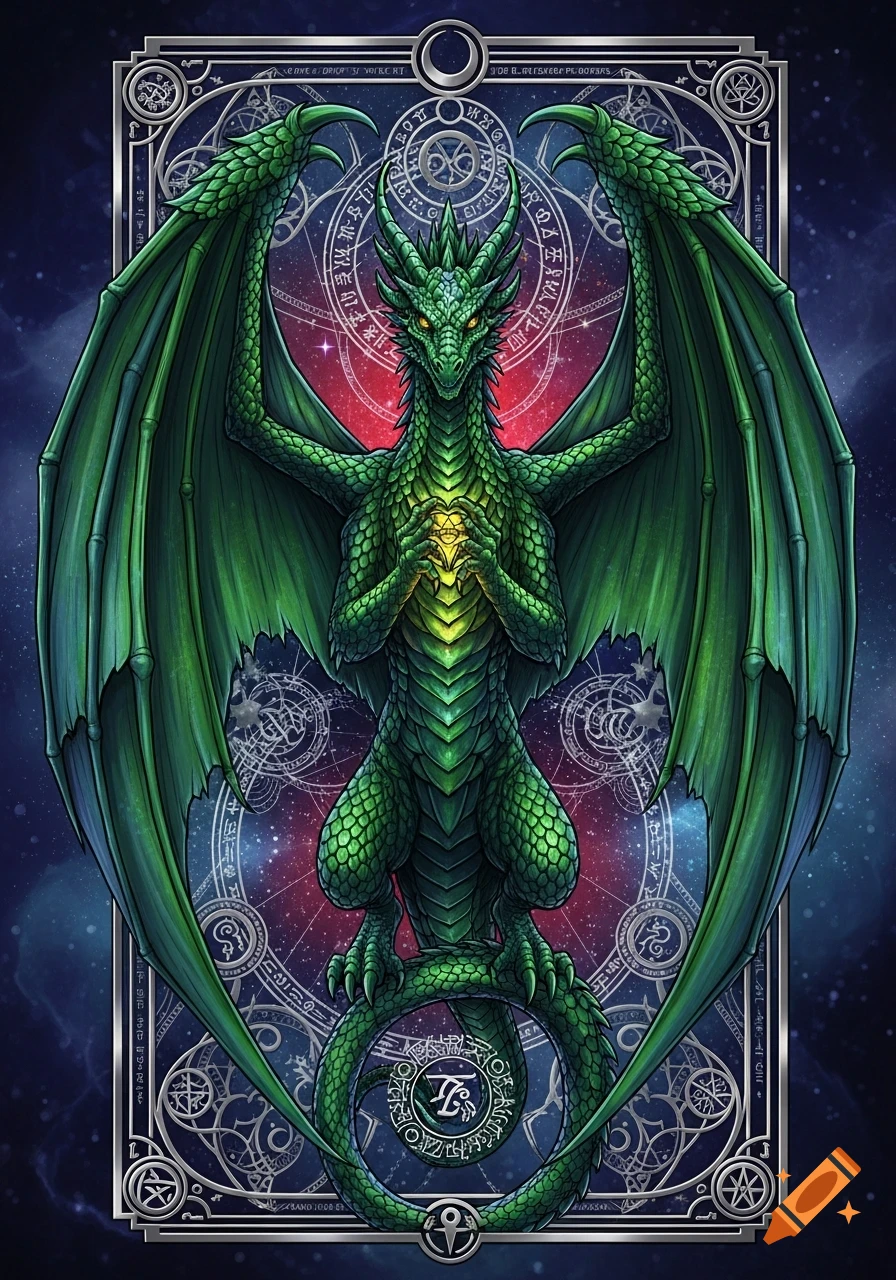 A symmetrical green dragon with glowing eyes holds a light orb, surrounded by a cosmic background and intricate silver mystical borders.