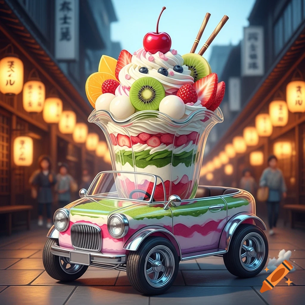 A whimsical, colorful parfait with fruits and whipped cream on top of a pink and green cartoon car, driving down a Japanese street.