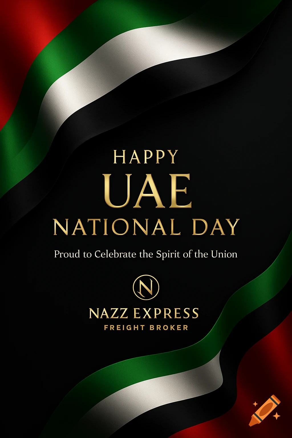 UAE National Day greeting card with flag colors, gold text 'HAPPY UAE NATIONAL DAY' and 'NAZZ EXPRESS FREIGHT BROKER'.