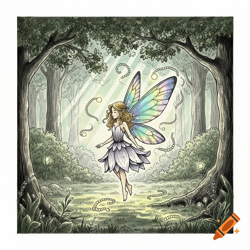 An ink drawing of a fairy with rainbow wings and a petal dress, floating in an enchanted forest with light rays.