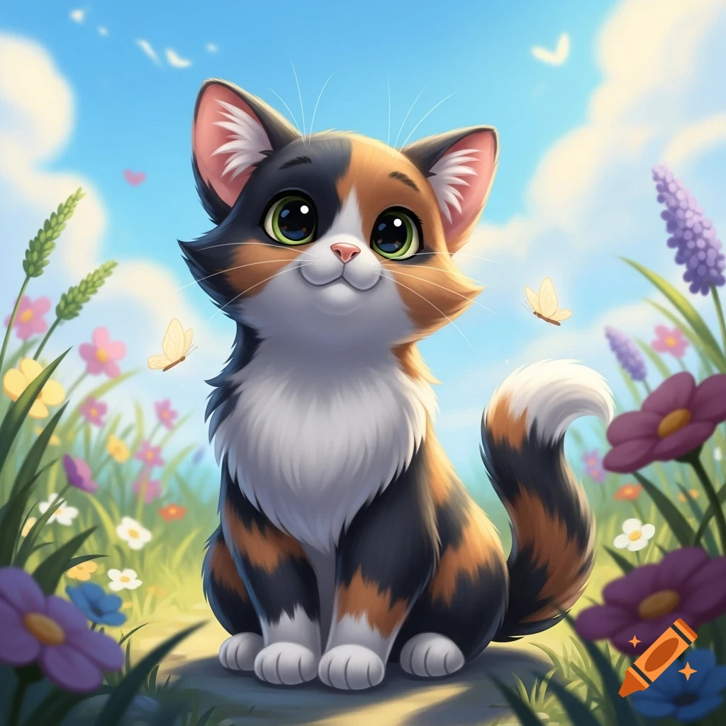 A cute, animated calico cat with green eyes sits in a sunny field of colorful flowers with butterflies.