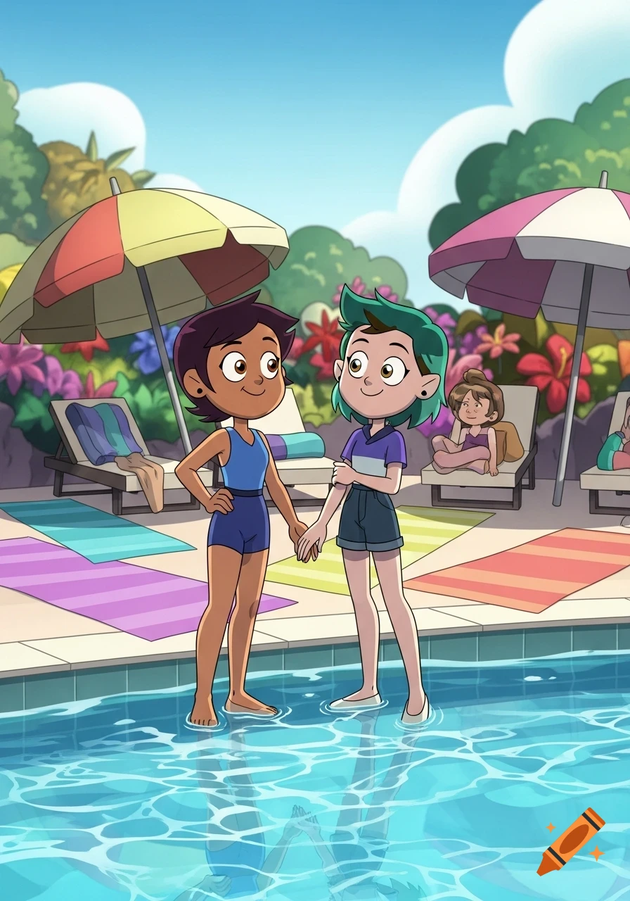 Luz Noceda in a blue swimsuit and Amity Blight holding hands by a pool in a cartoon style.