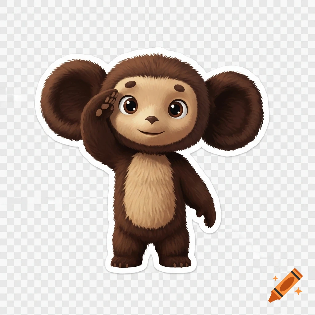 A cute, brown, furry cartoon character, Cheburashka, salutes with his right hand on a transparent background.