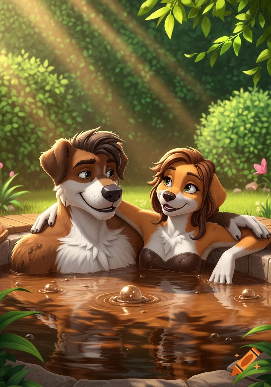 A happy anthropomorphic dog couple relaxing chest-deep in a mud hot tub amidst lush greenery, depicted in a 3D animation style.