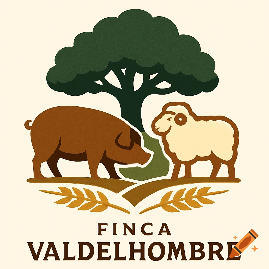 Stylized logo featuring a brown pig, a cream sheep, a dark green tree, and golden wheat stalks with the text FINCA VALDELHOMBRE.