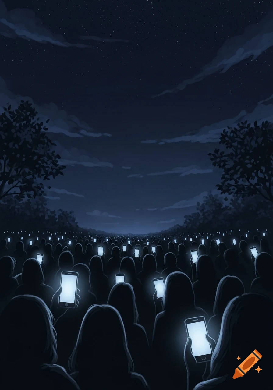 An illustration of a large crowd of people in the dark, each looking at their glowing smartphone under a starry night sky.