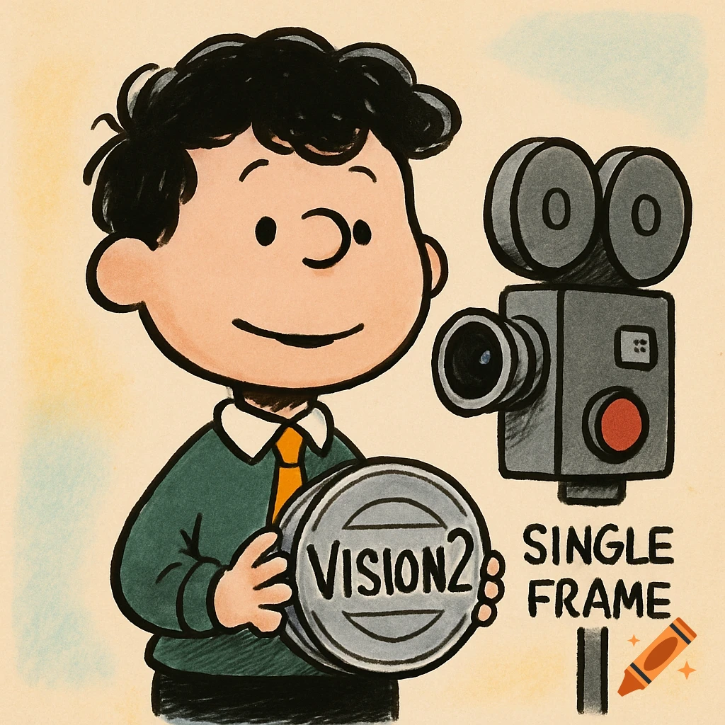 A Peanuts-style boy in a green sweater holds a "Vision2" film can next to a "Single Frame" movie camera.
