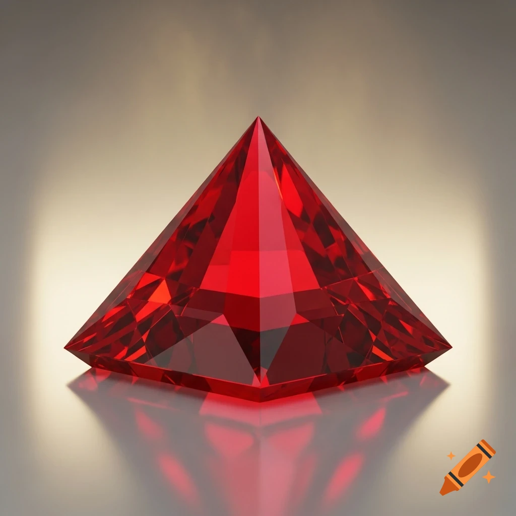 A photorealistic 3D render of a deep red faceted ruby jewel in a pyramid shape, reflecting on a polished surface.