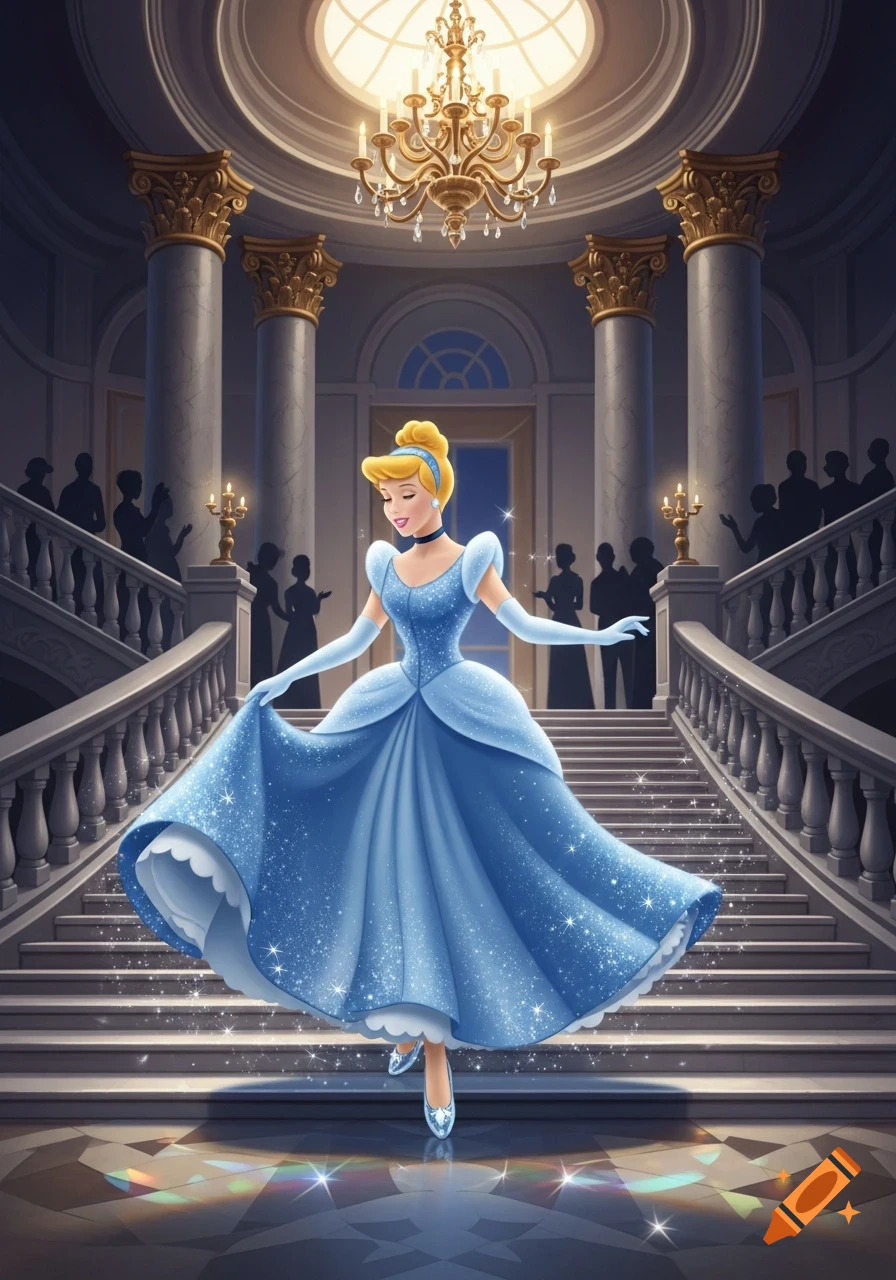 Cinderella in a sparkling blue ball gown descends grand stairs in a palace, with a chandelier and silhouetted guests. Animated style.