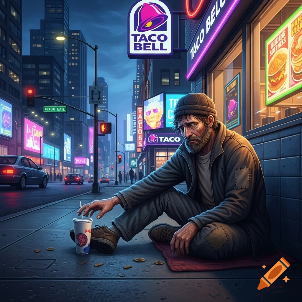 An old, bearded homeless man sits on a red mat with a cup and coins on a city sidewalk at night, with neon-lit buildings and a prominent Taco Bell sign in the background. Photorealistic style.