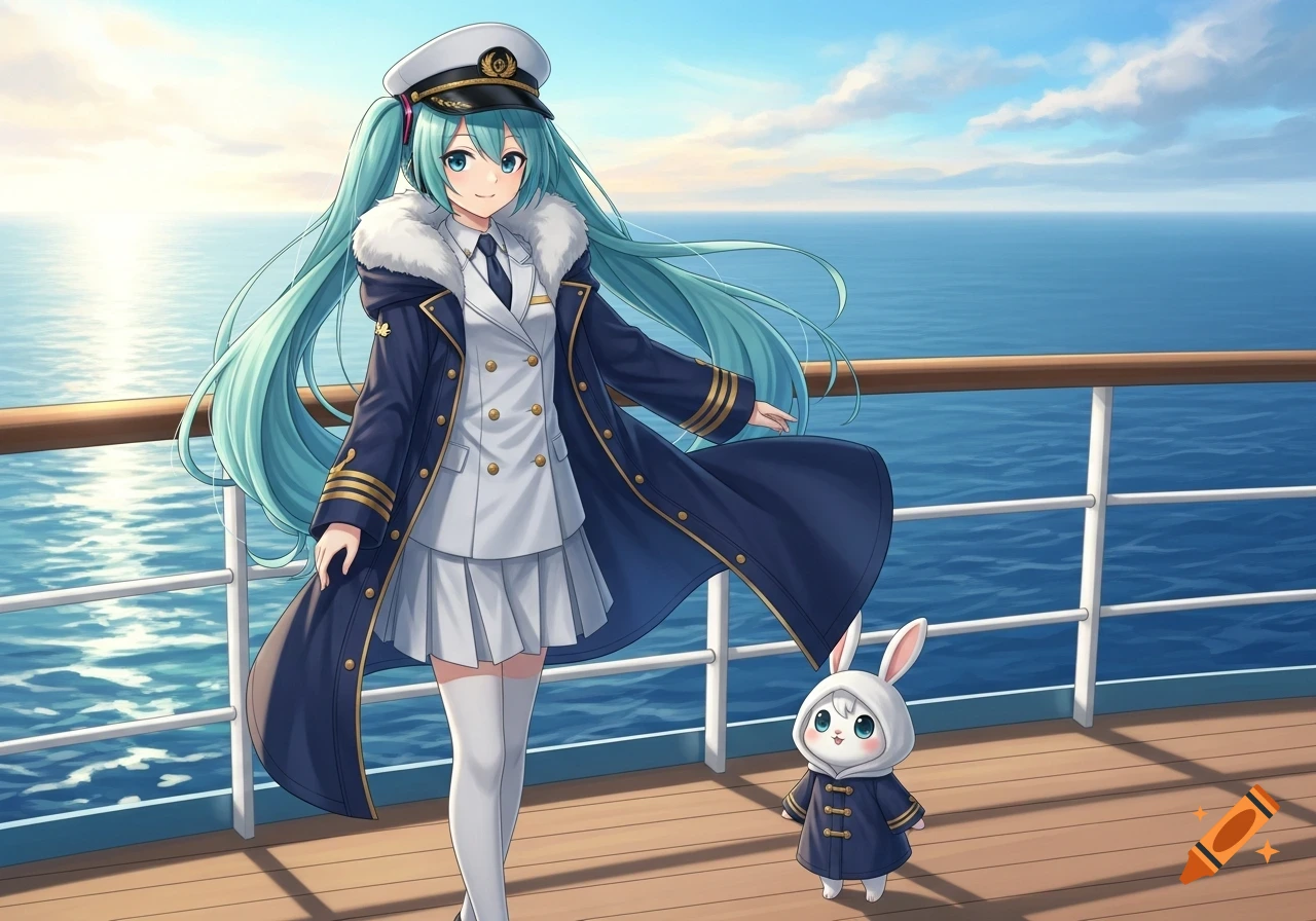 Anime girl with teal pigtails in a captain's uniform and a small chibi white bunny in a matching coat on a ship deck overlooking the ocean.