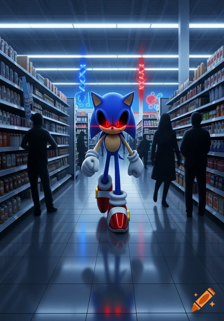 A menacing Sonic.EXE with glowing red eyes stands in the middle of a dimly lit supermarket aisle. Silhouetted shoppers are on either side.