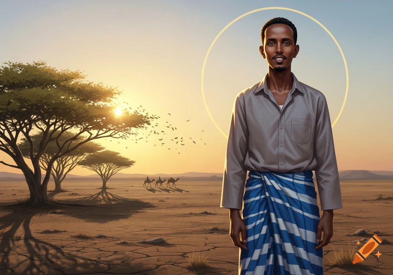 A Somali man in a grey shirt and striped macawiis stands in a dry desert with acacia trees and camels at sunset. Digital art.