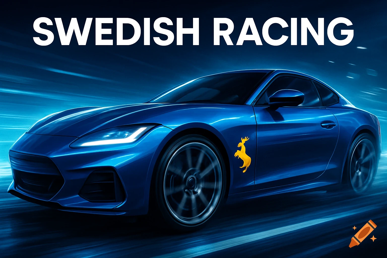 A sleek blue sports car with a golden moose logo speeds on a blur of blue. Text reads "SWEDISH RACING" above.