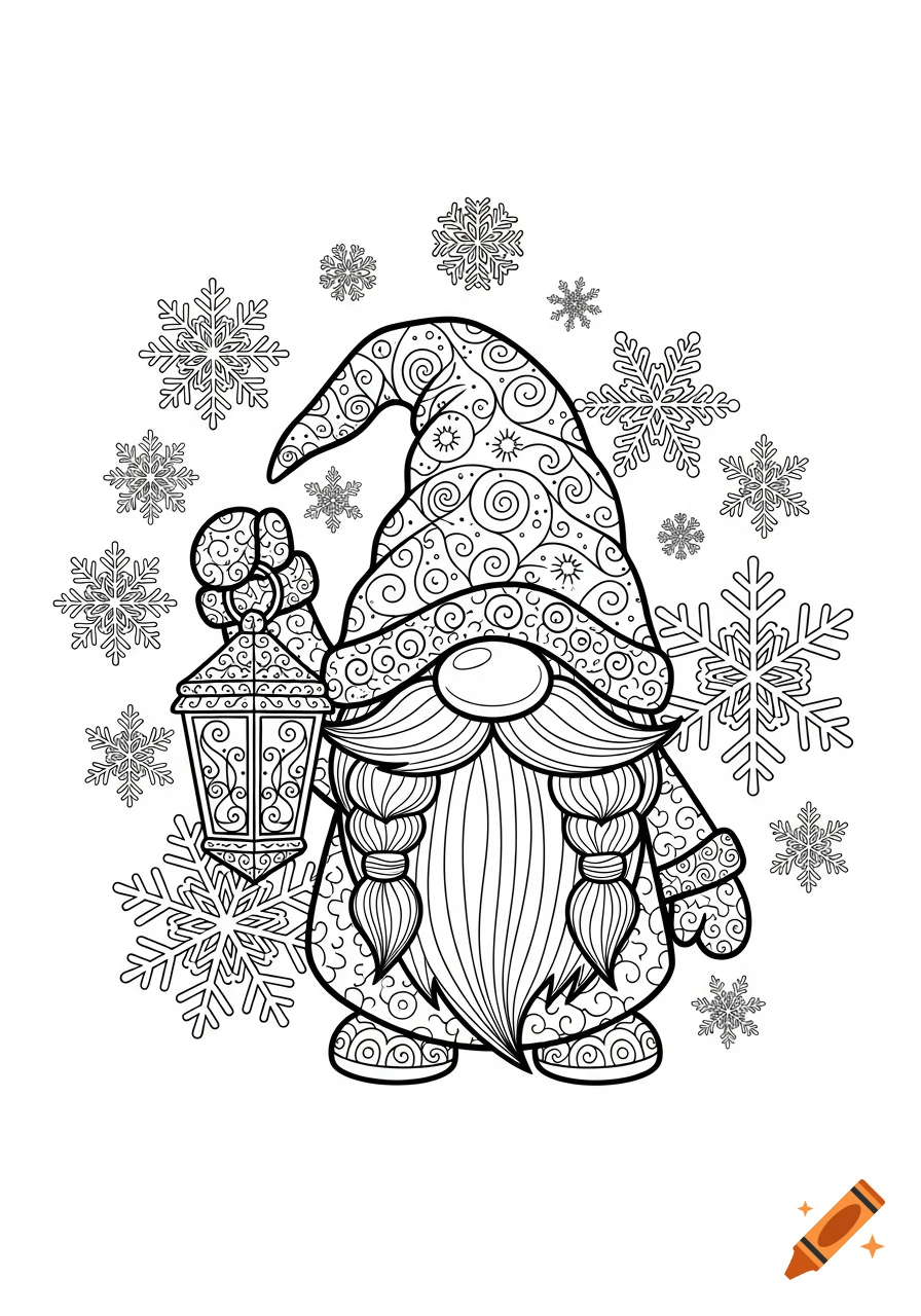 A cozy Christmas gnome holding a lantern, surrounded by snowflakes, in a black and white line art coloring page style.