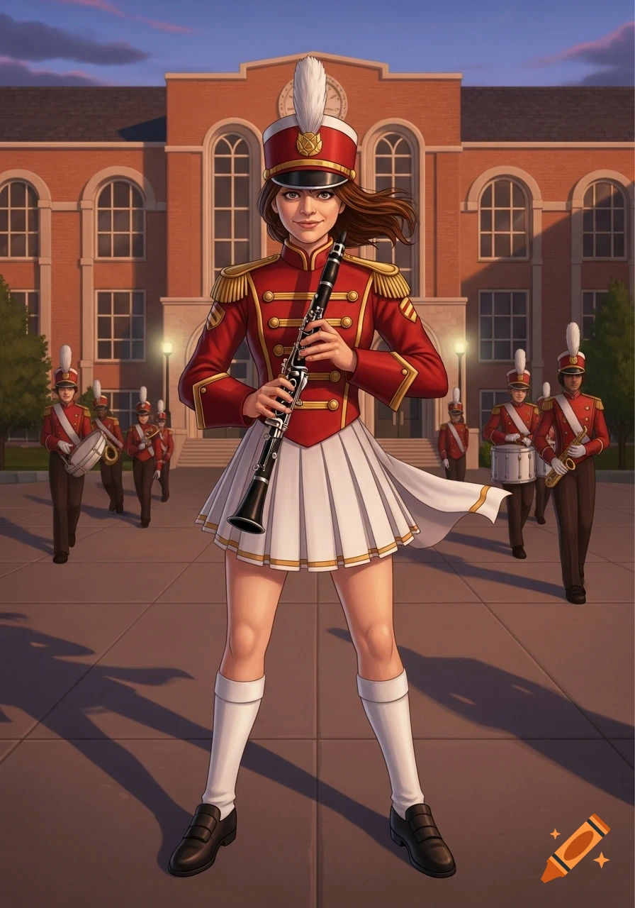 An illustrated young woman in a red and white marching band uniform holds a clarinet, standing in front of a brick building with other band members.