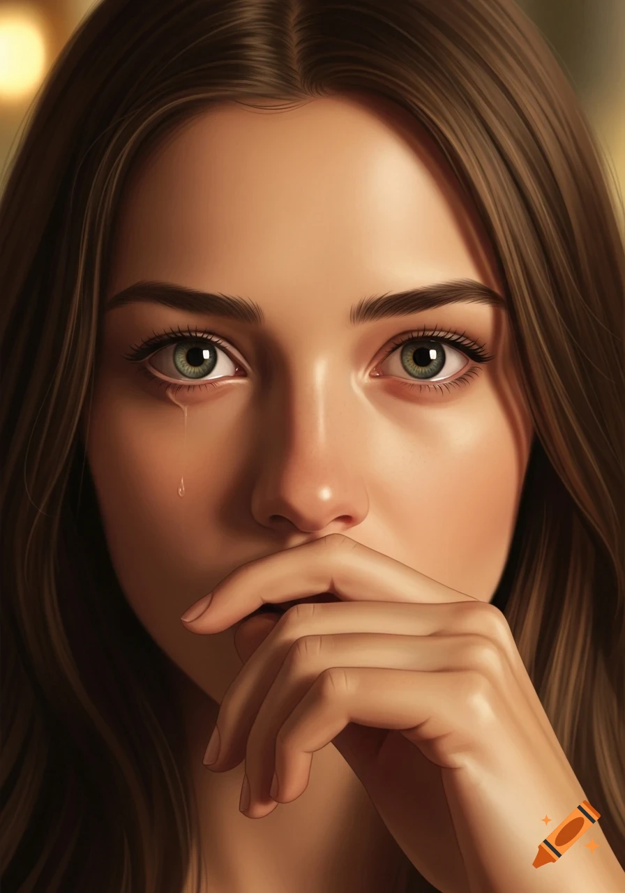 Close-up digital art portrait of a young woman with long brown hair, green eyes, a single tear, and her hand covering her mouth.