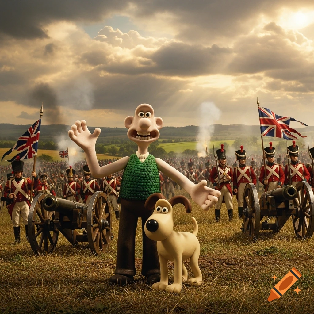 Claymation Wallace and Gromit stand on a grassy battlefield with British redcoat soldiers, cannons, and Union Jack flags under a dramatic sky.