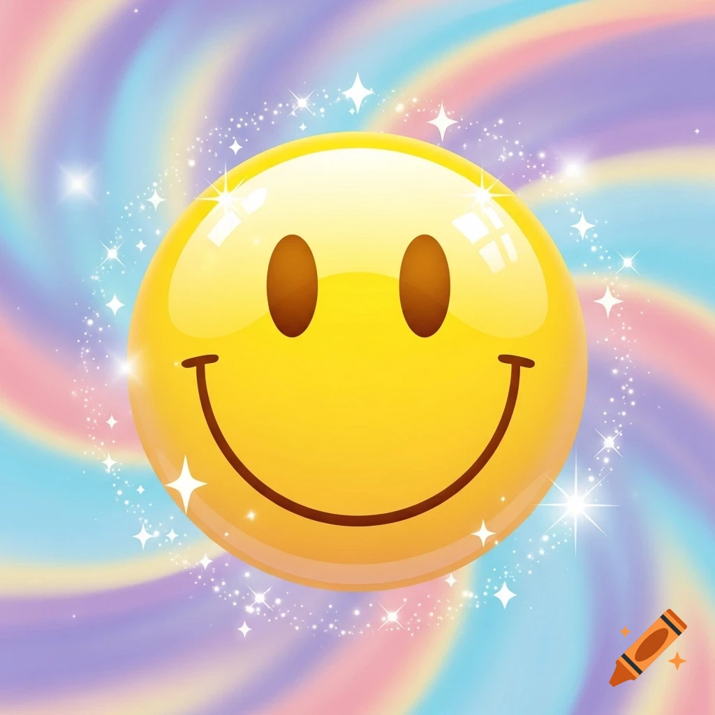 A glossy yellow smiley face with sparkles on a swirling rainbow pastel background.
