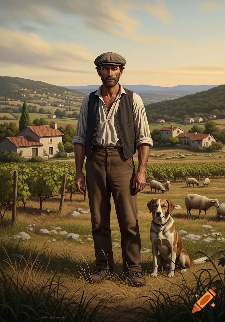 A peasant man in a cap and vest stands with his dog in a field with sheep and vineyards, a rural landscape behind him.