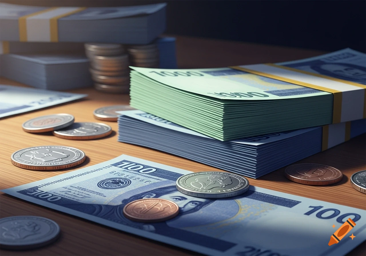 Stacks of blue and pastel green banknotes and scattered silver and copper coins on a wooden table, lit from the side.