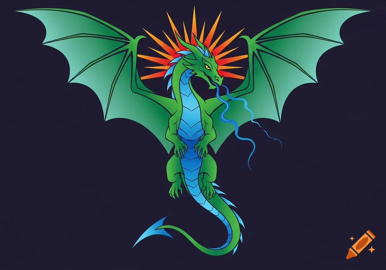 A stylized green and blue dragon with outstretched wings and a sunburst behind its head, vector art.