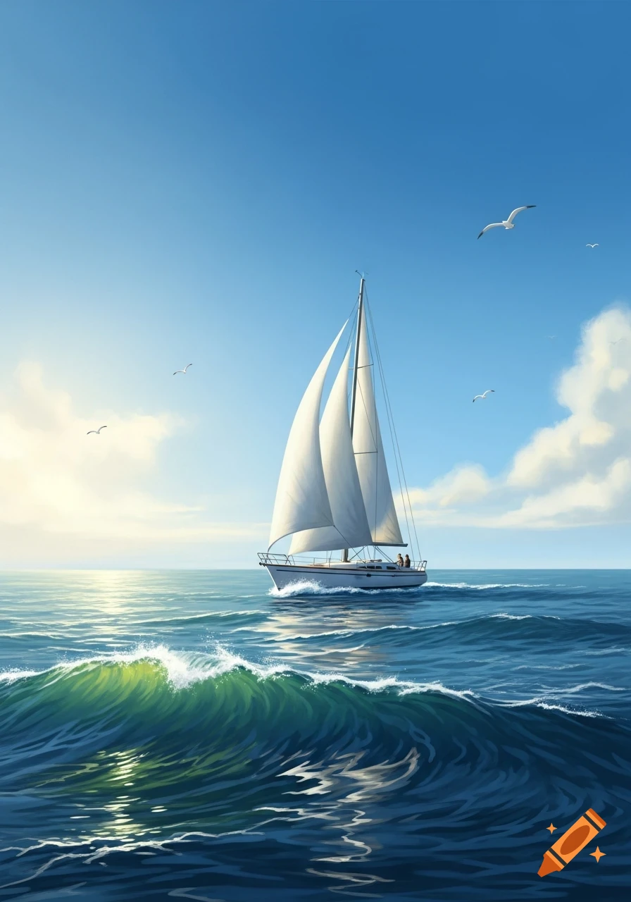 A white sailboat with two sails glides on a blue ocean with waves, under a bright, clear sky with flying gulls.