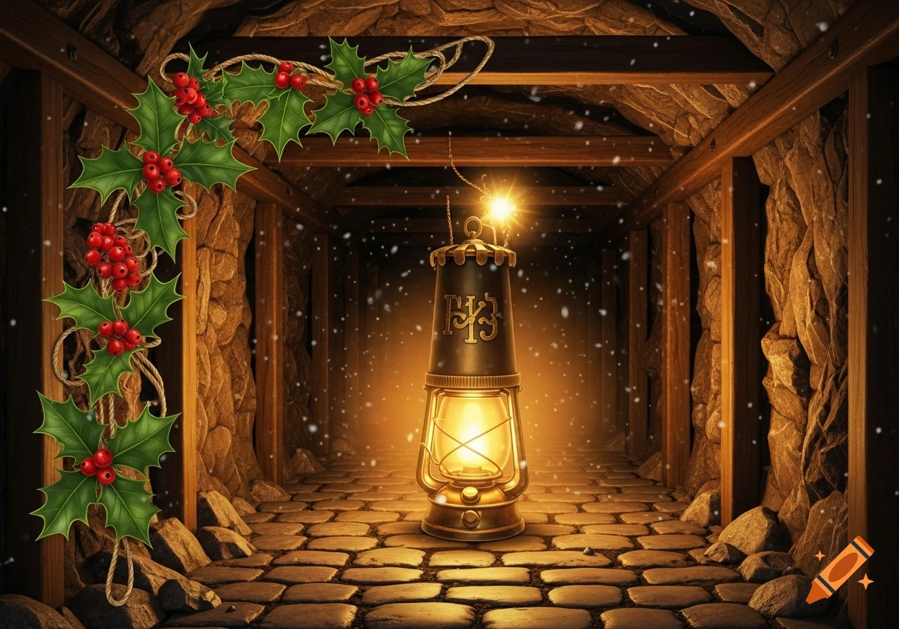 A festive mine tunnel decorated with holly, featuring a central glowing lantern and falling snow.