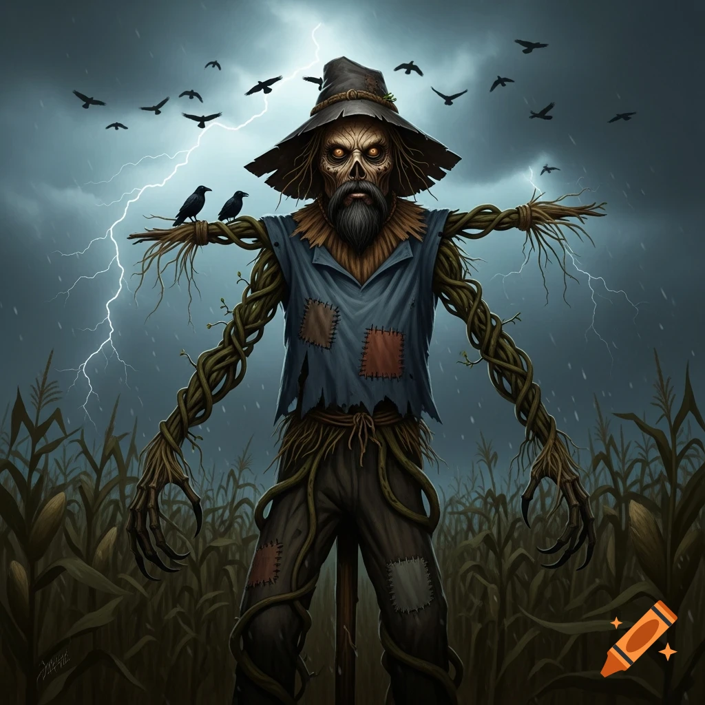A scary scarecrow with glowing eyes and branch limbs stands in a stormy cornfield with lightning and crows.
