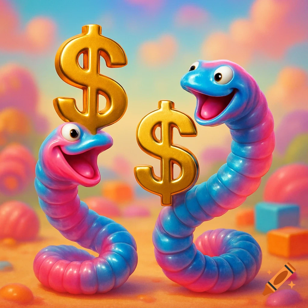 Two happy, colorful gummy worms, one pink and blue, the other blue and pink, hold shiny golden dollar signs in a whimsical, candy-like landscape.