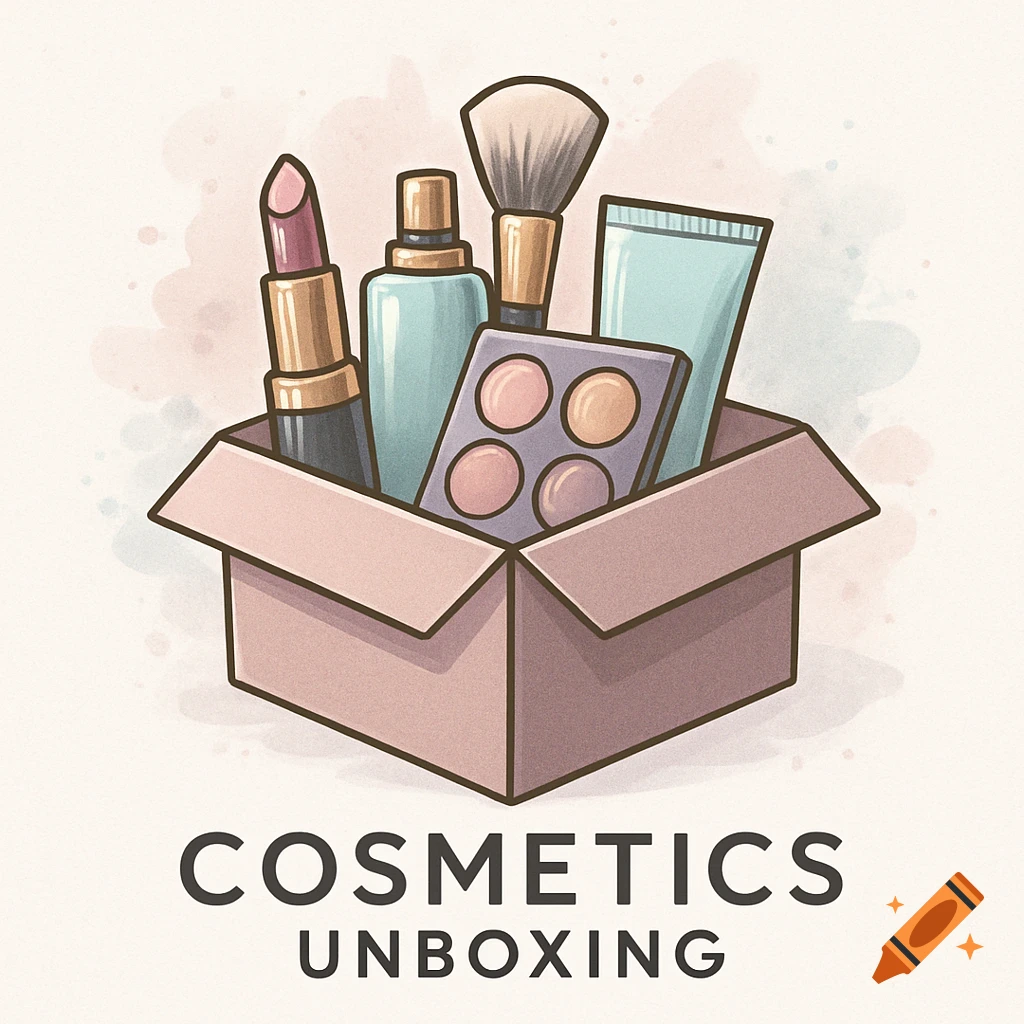 An illustration of a cardboard box filled with various cosmetic products including lipstick, a brush, and an eyeshadow palette, with the text "COSMETICS UNBOXING" below it.
