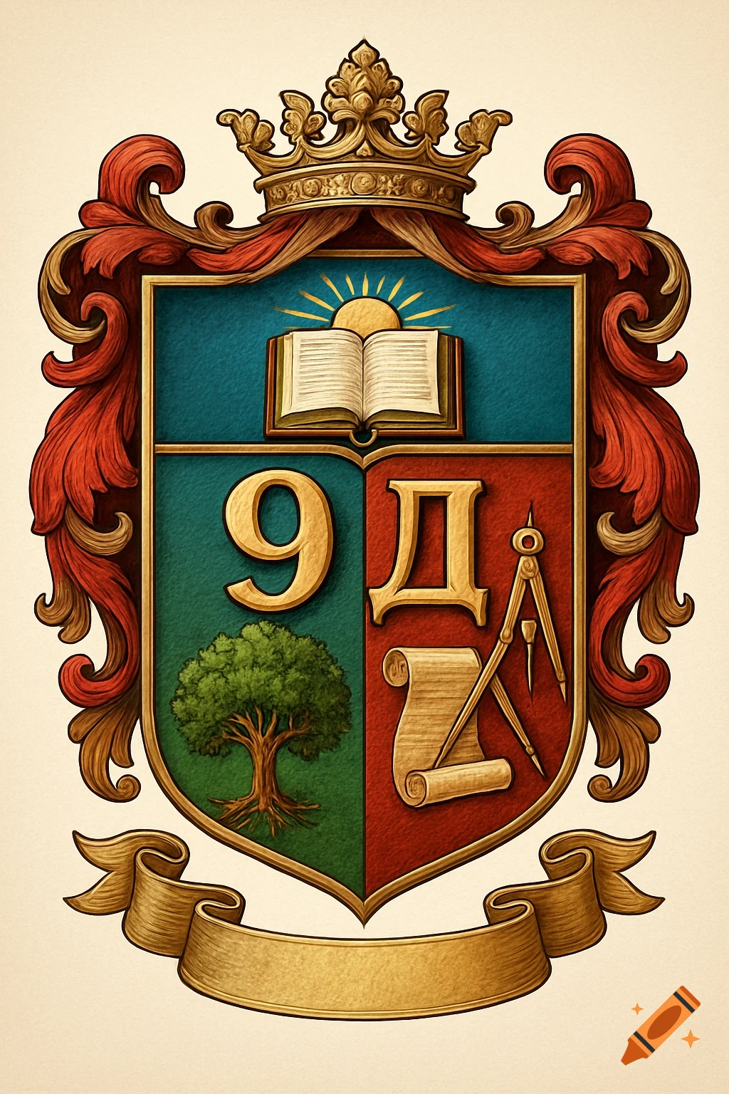 An ornate gold-crowned coat of arms with a shield depicting a book, sun, '9', Cyrillic 'Д', a tree, scroll, and compass.