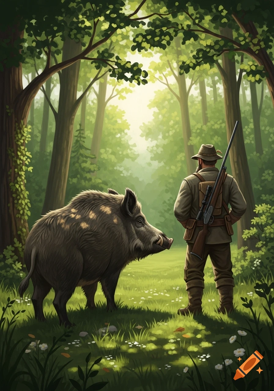 A stylized illustration shows a hunter with a rifle slung on his back, standing next to a wild boar in a sunlit forest clearing.