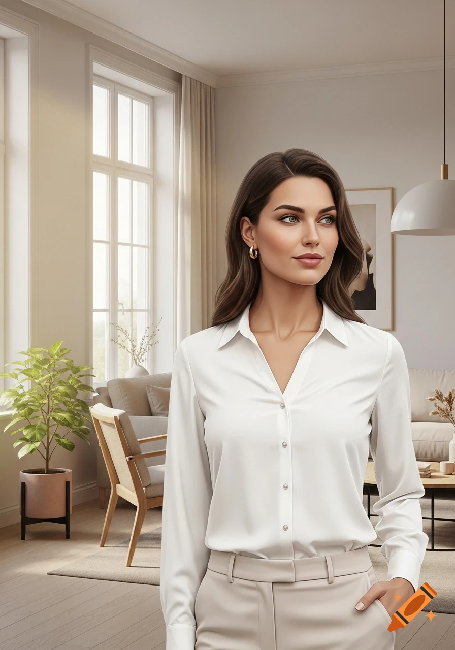 Photorealistic portrait of a woman in a white blouse and beige pants standing in a bright, modern living room.