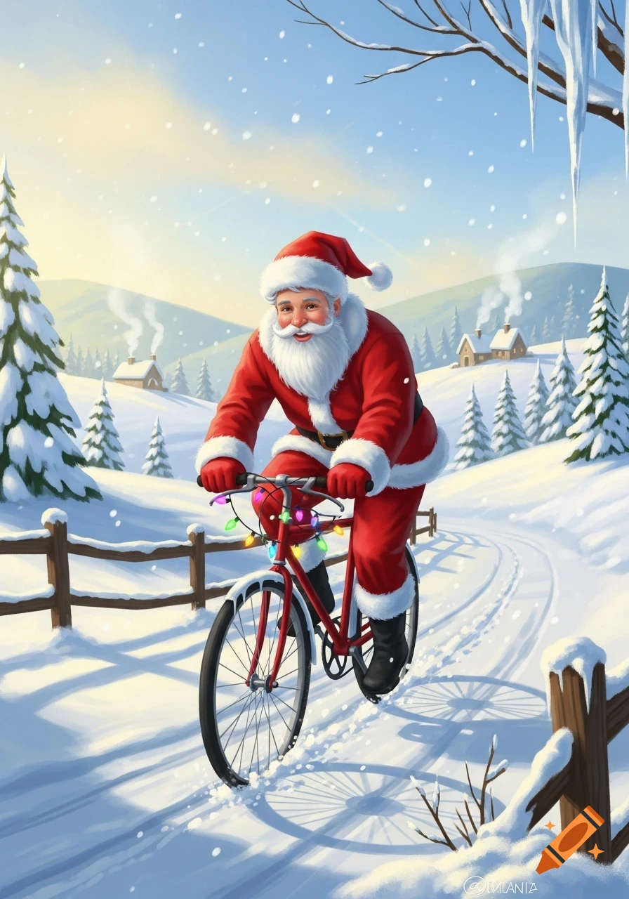 Santa Claus rides a red bicycle decorated with colorful Christmas lights through a snowy winter landscape with pine trees and houses.