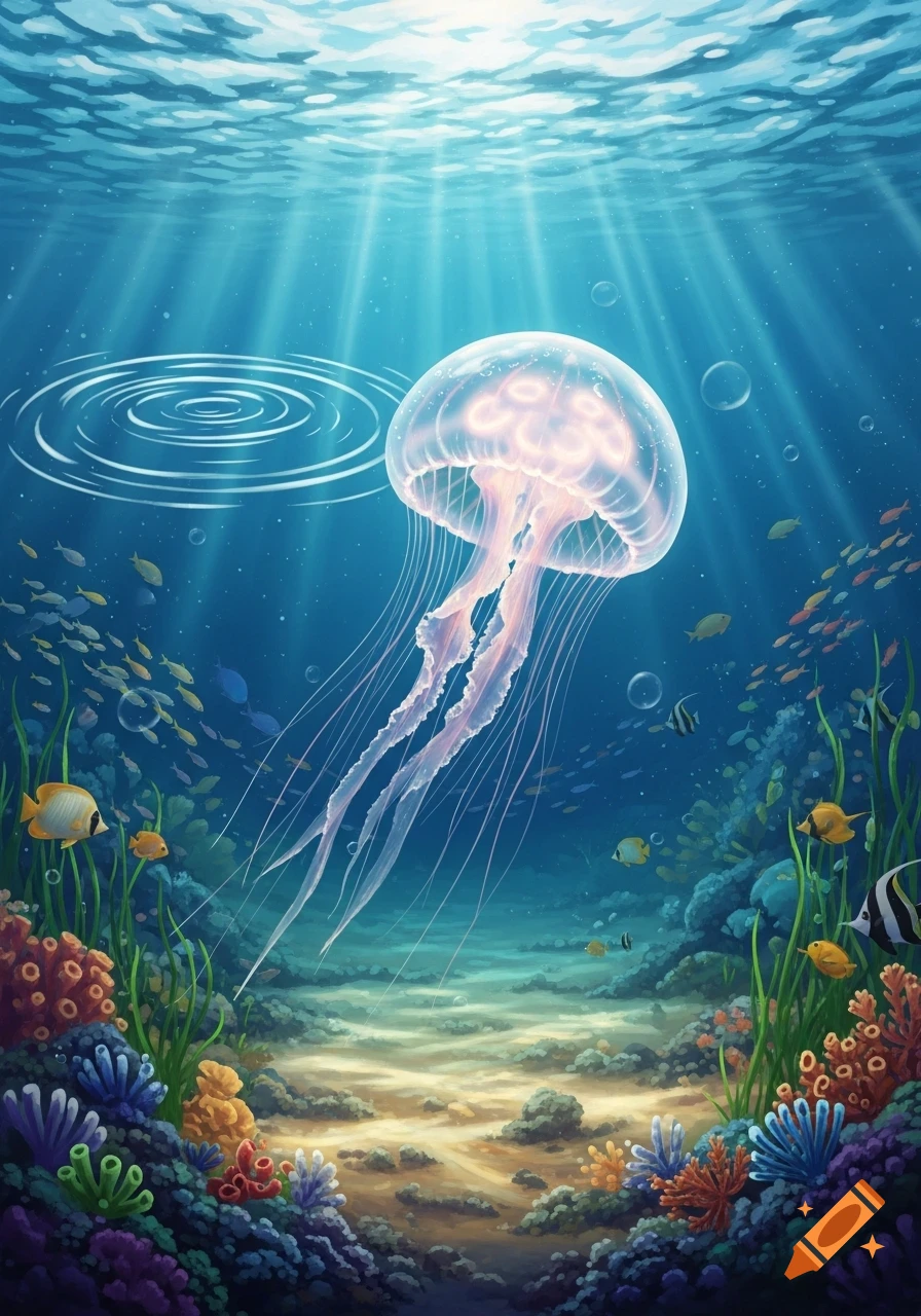 A vibrant, glowing jellyfish swims in a sunlit underwater coral reef teeming with colorful fish.