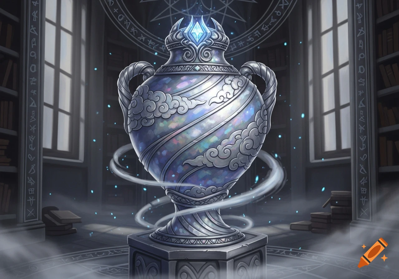 An ornate silver urn with iridescent clouds and a glowing blue crystal on a pedestal in a magical library filled with arcane symbols and glowing dust.