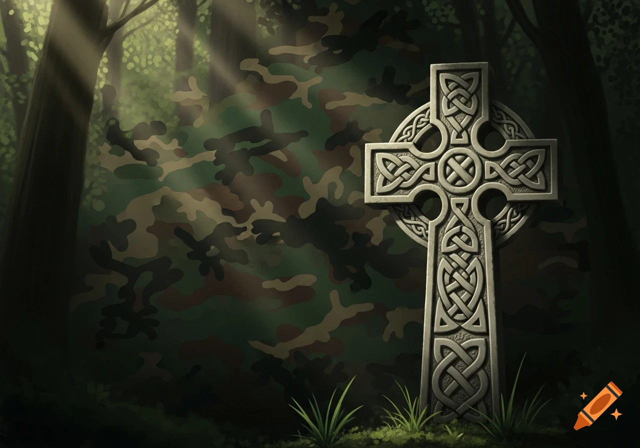 A stone Celtic cross with intricate knotwork stands amidst green foliage and a camouflage background in a sunlit forest.
