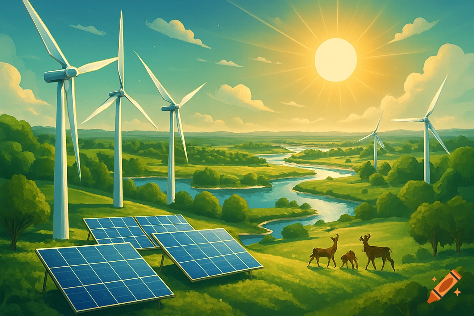 Stylized landscape with wind turbines, solar panels, and a winding river under a bright sun. Three deer graze in the green fields.