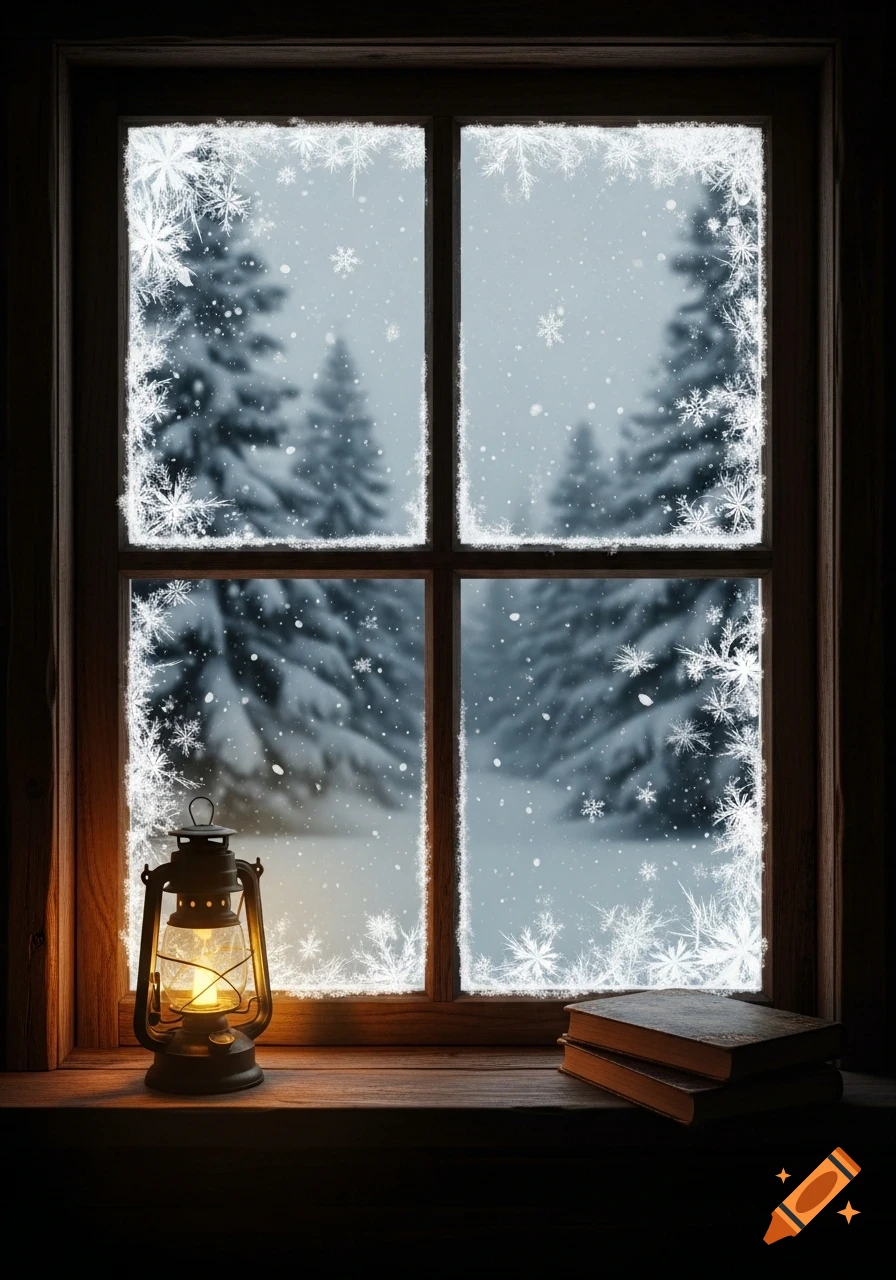 A cozy window view of a snowy forest, with a lit lantern and books on the sill, framed by frosted snowflakes.